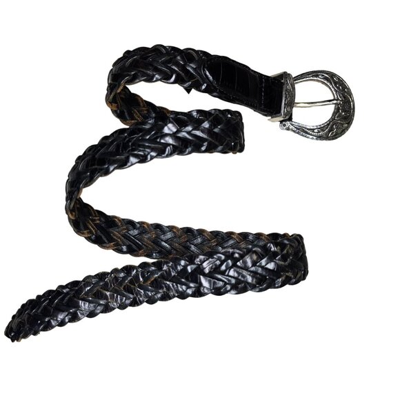 Vintage Brighton Braided Leather Belt With Ornate Metal Buckle Size 30 M Black - Picture 2 of 8